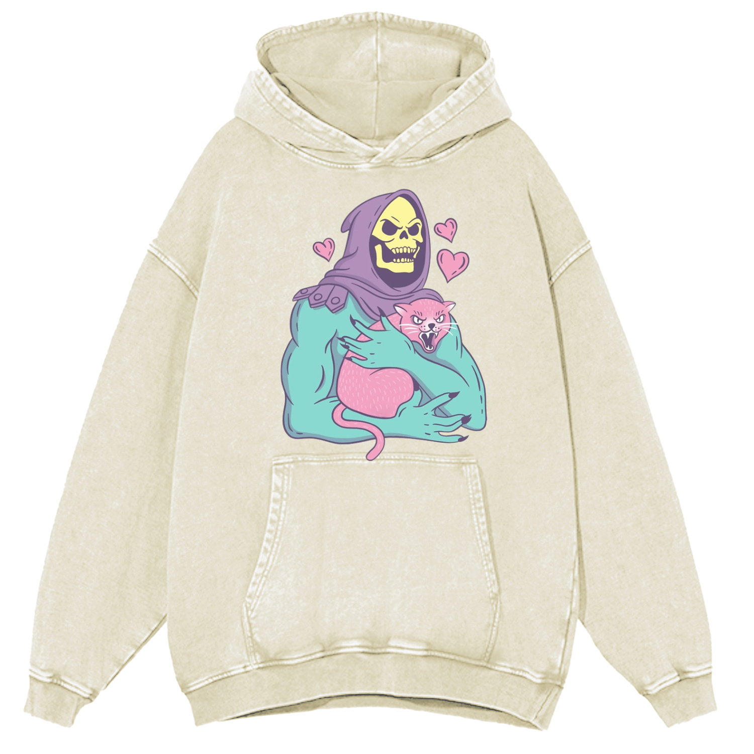 Funny Skull Cat Unisex Printed Casual Washed Hoodie Sweatshirt