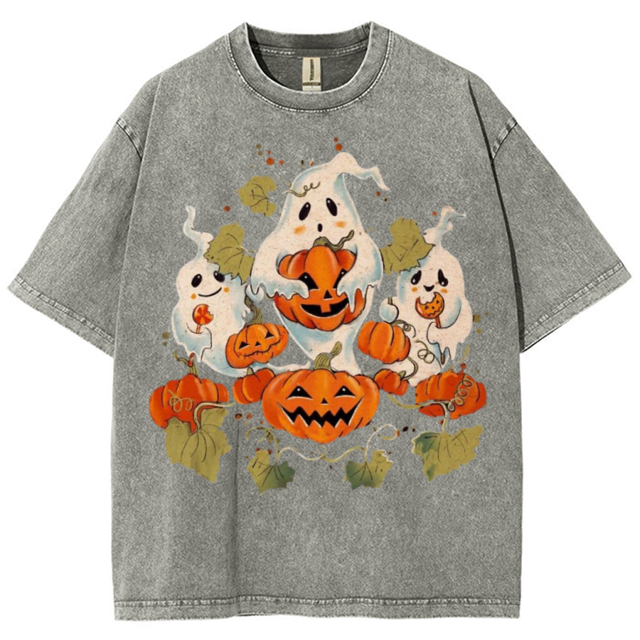 Spooky Pumpkin Unisex Printed Retro Washed Short Sleeved T-Shirt