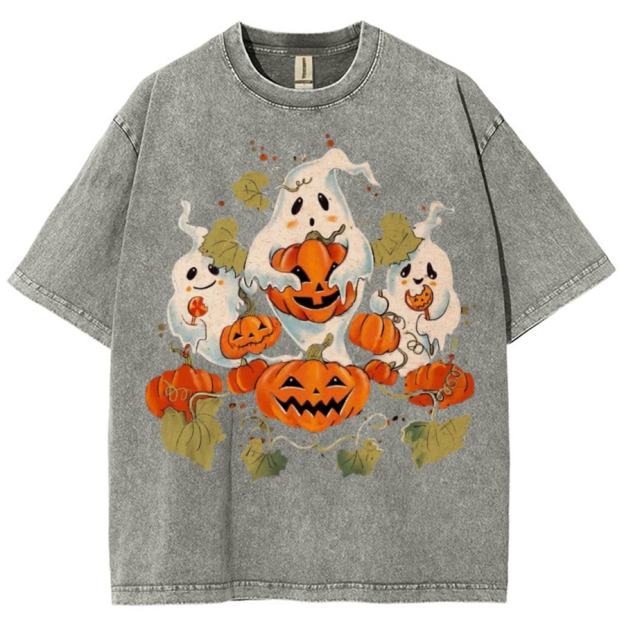 Spooky Pumpkin Unisex Printed Retro Washed Short Sleeved T-Shirt