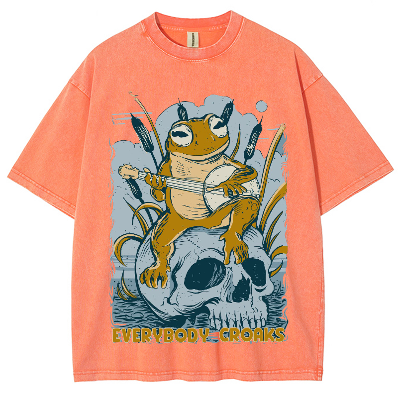 Rock Frog Skull Unisex Vintage Wash Denim T-Shirts-Print-cool