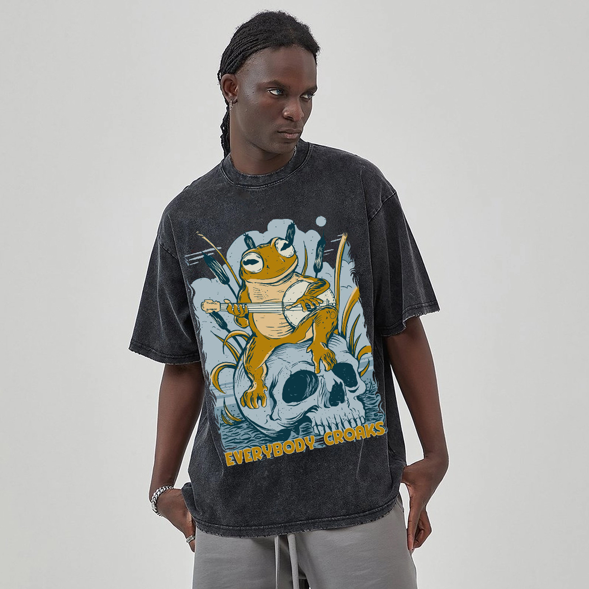 Rock Frog Skull Unisex Vintage Wash Denim T-Shirts-Print-cool