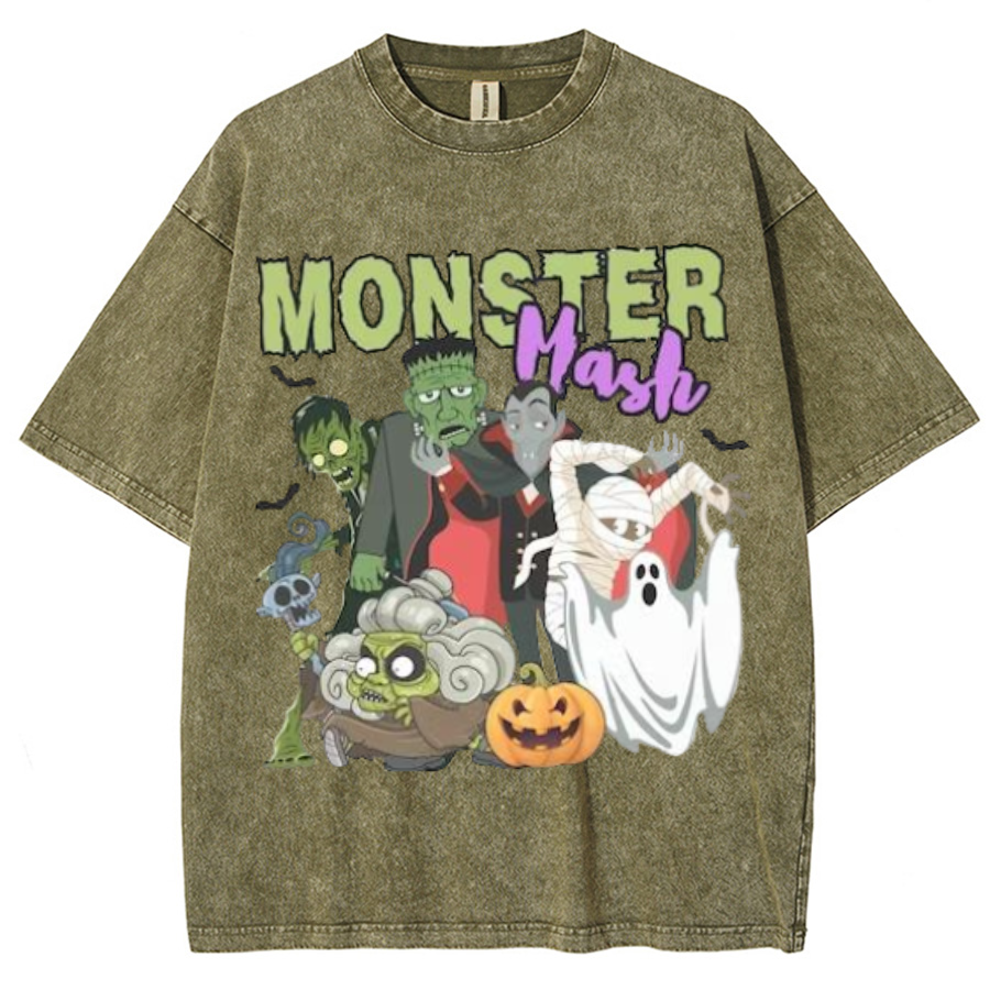 Monster Mash Unisex Printed Retro Washed Short Sleeved T-Shirt