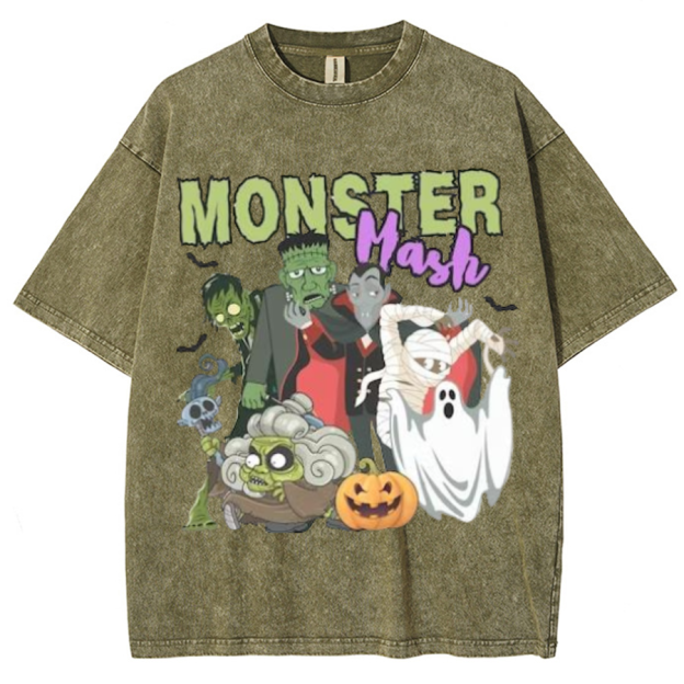 Monster Mash Unisex Printed Retro Washed Short Sleeved T-Shirt