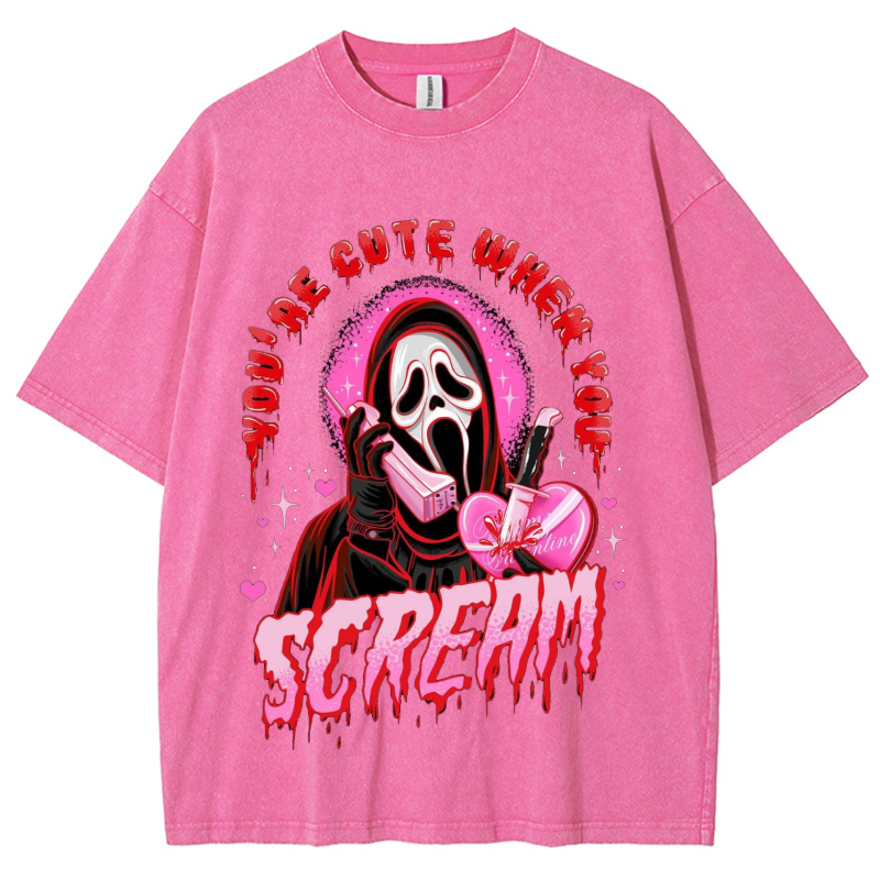 Cute Scream Unisex Vintage Solid Wash Denim T-Shirts