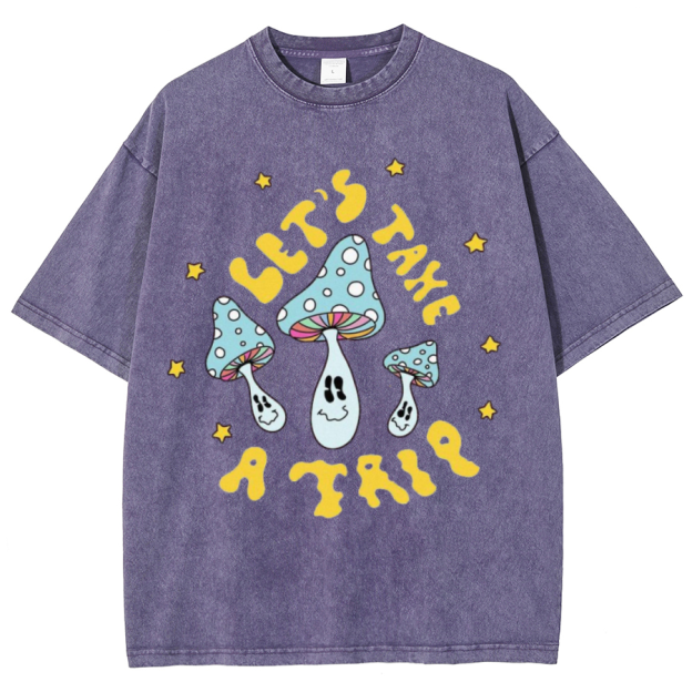 Lets Take A Trip Unisex Oversized Print Vintage Wash Denim T-Shirt