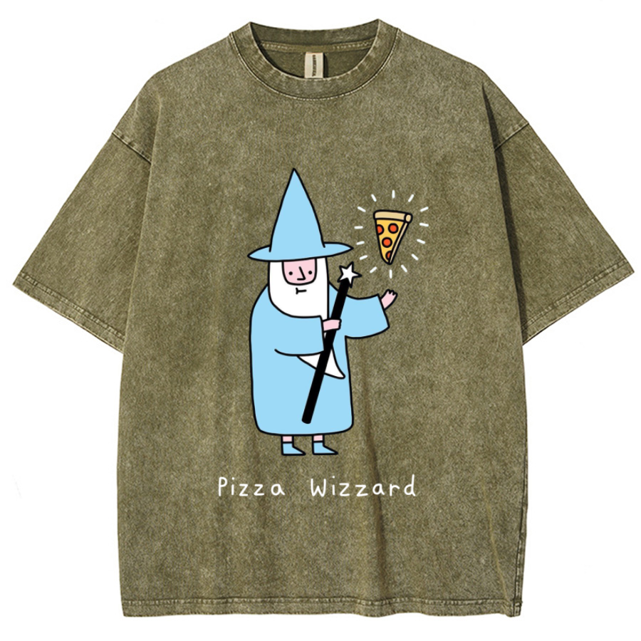 Pizza Wizzard Unisex Printed Retro Washed Short Sleeved T-Shirt-Print-cool
