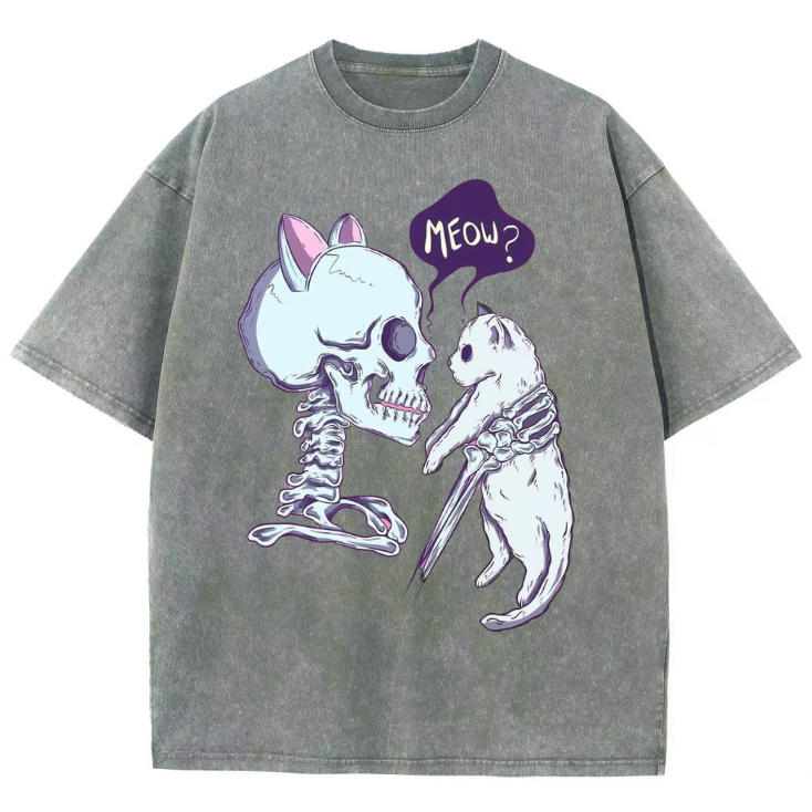 Funny Skull Cat Unisex Vintage Solid Wash Denim T-Shirts-Print-cool