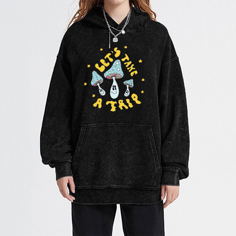 Lets Take A Trip Unisex Printed Casual Washed Hoodie Sweatshirt