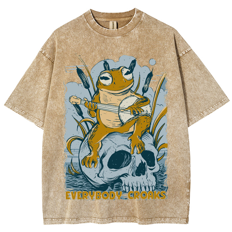 Rock Frog Skull Unisex Vintage Wash Denim T-Shirts-Print-cool