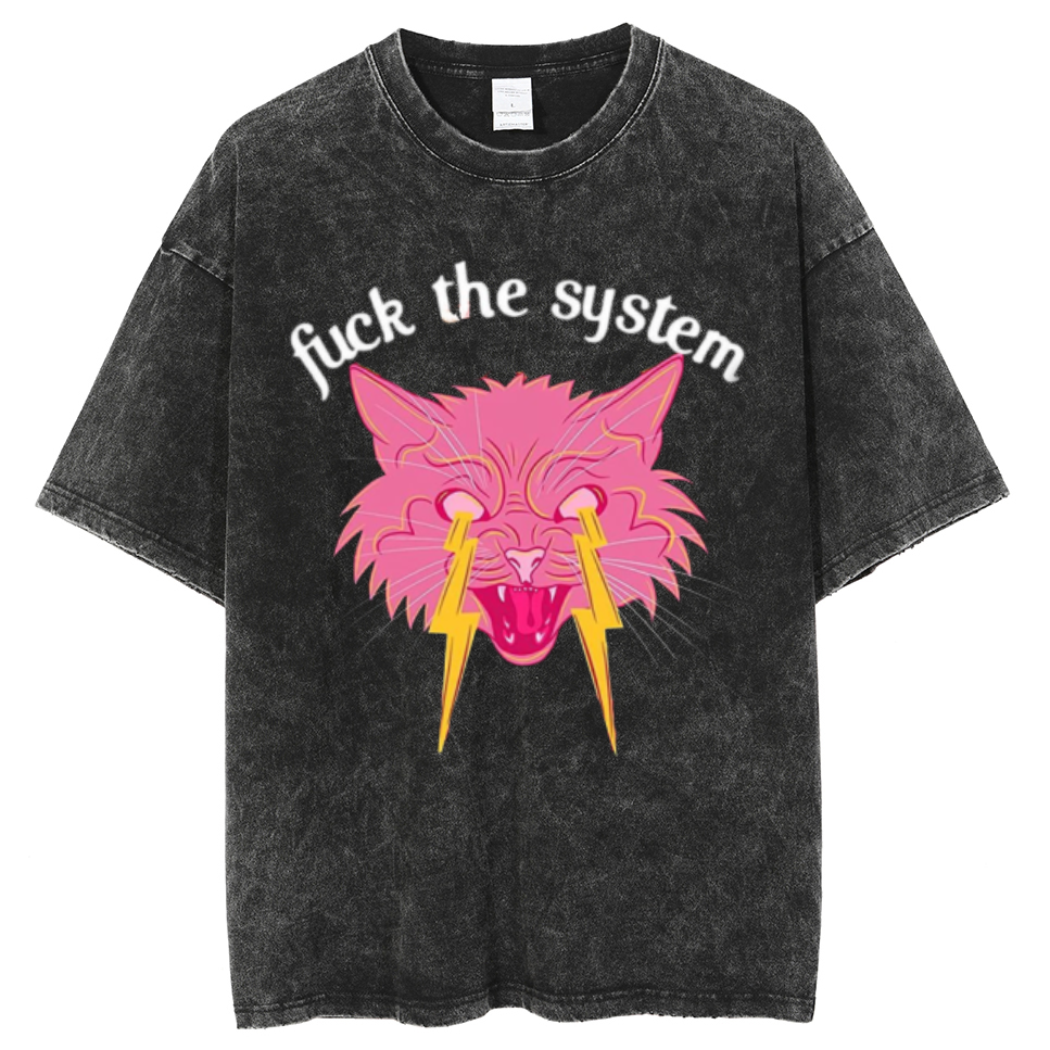 Fuck The System Unisex Oversized Print Vintage Wash Denim T-Shirt-Print-cool