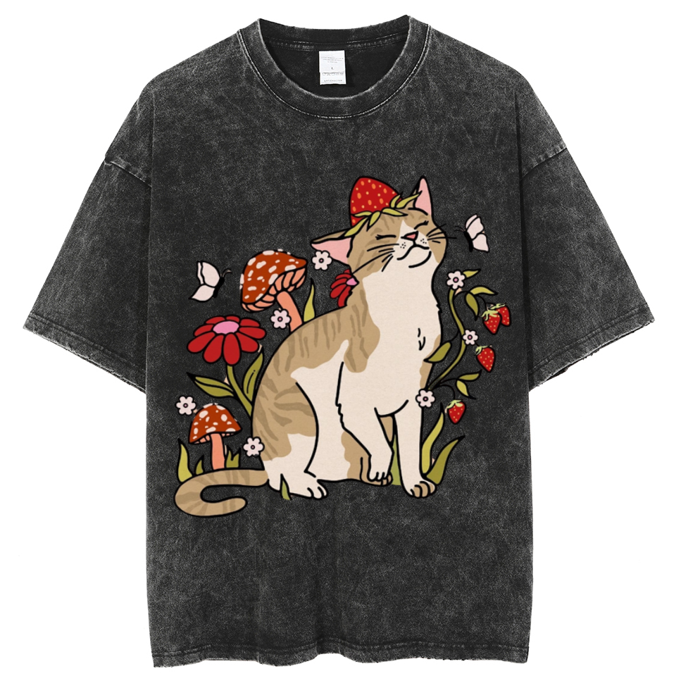 Cat And Plant Unisex Printed Retro Washed Short Sleeved T-Shirt-Print-cool