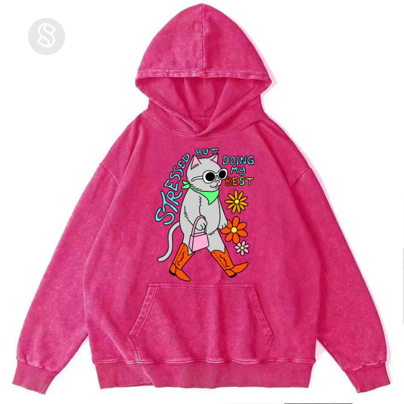 Stressed But Doing My Best Cat Unisex Printed Casual Washed Hoodie Sweatshirt
