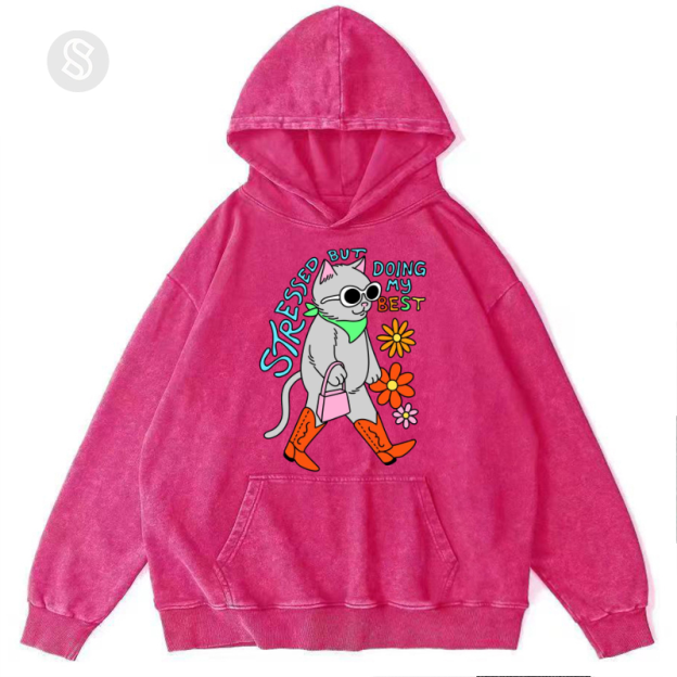 Stressed But Doing My Best Cat Unisex Printed Casual Washed Hoodie Sweatshirt