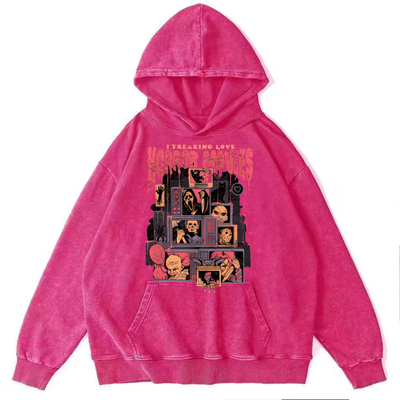 I Freaking Love Horror Movies Unisex Printed Casual Washed Hoodie Sweatshirt-Print-cool