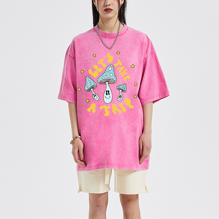 Lets Take A Trip Unisex Oversized Print Vintage Wash Denim T-Shirt