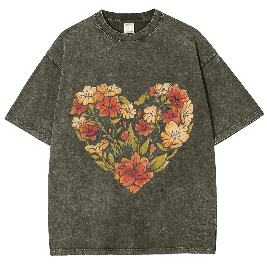 Flowers Cat Unisex Oversized Print Vintage Wash Denim T-Shirt-Print-cool