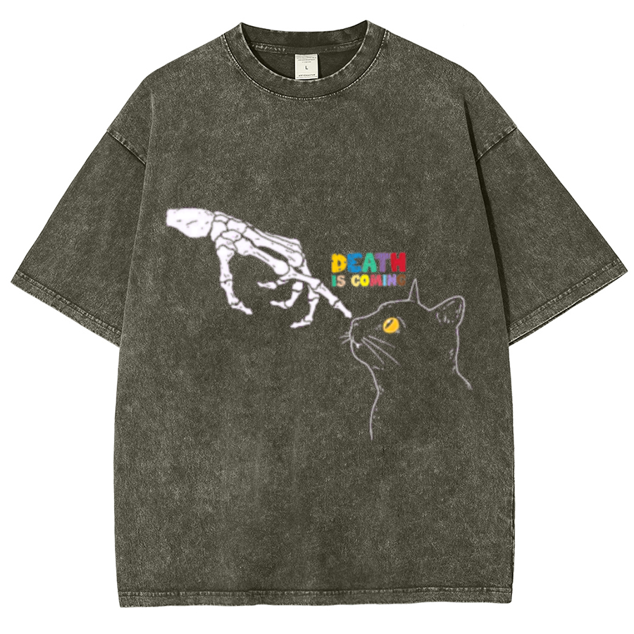 Death Is Coming Unisex Oversized Print Vintage Wash Denim T-Shirt-Print-cool