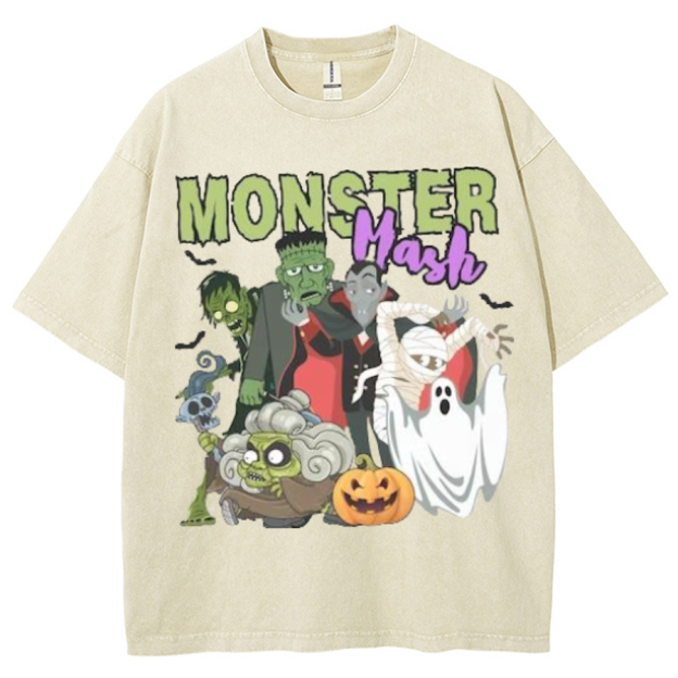 Monster Mash Unisex Printed Retro Washed Short Sleeved T-Shirt