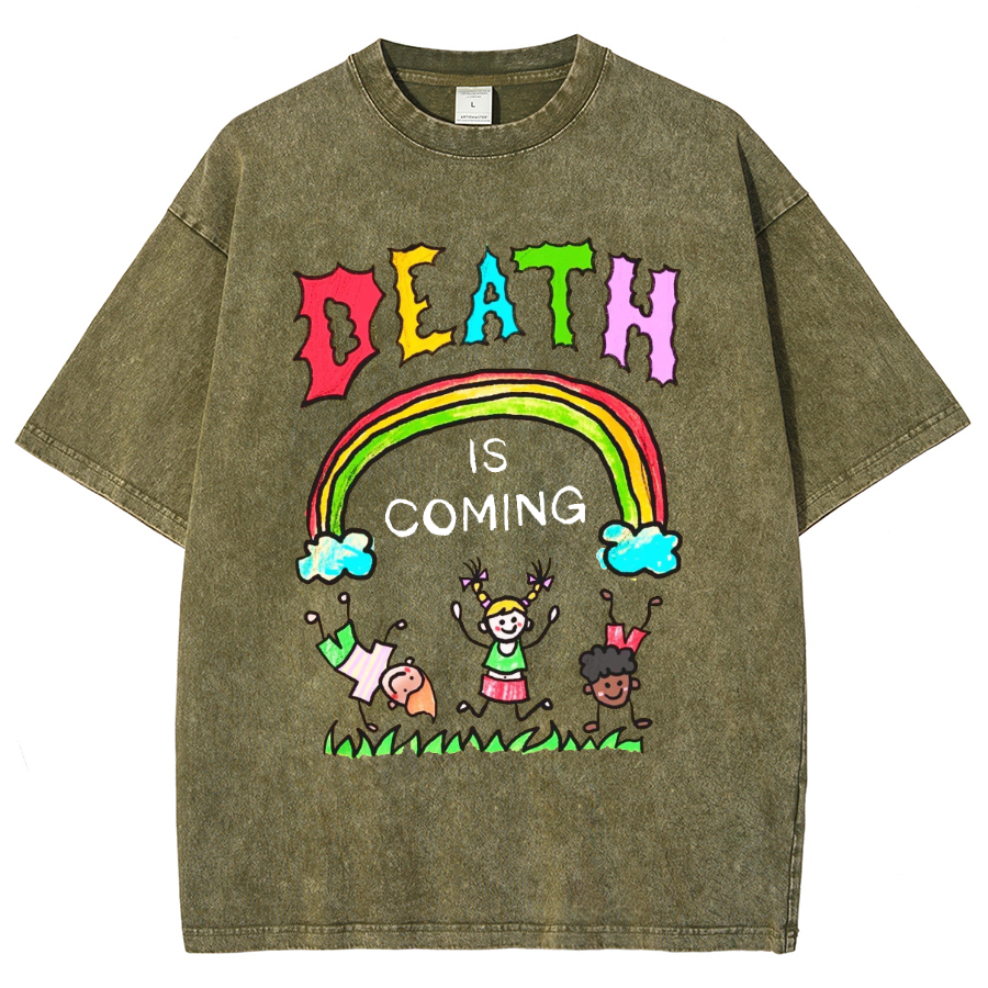 Death Is Coming Unisex Oversized Print Vintage Wash Denim T-Shirt