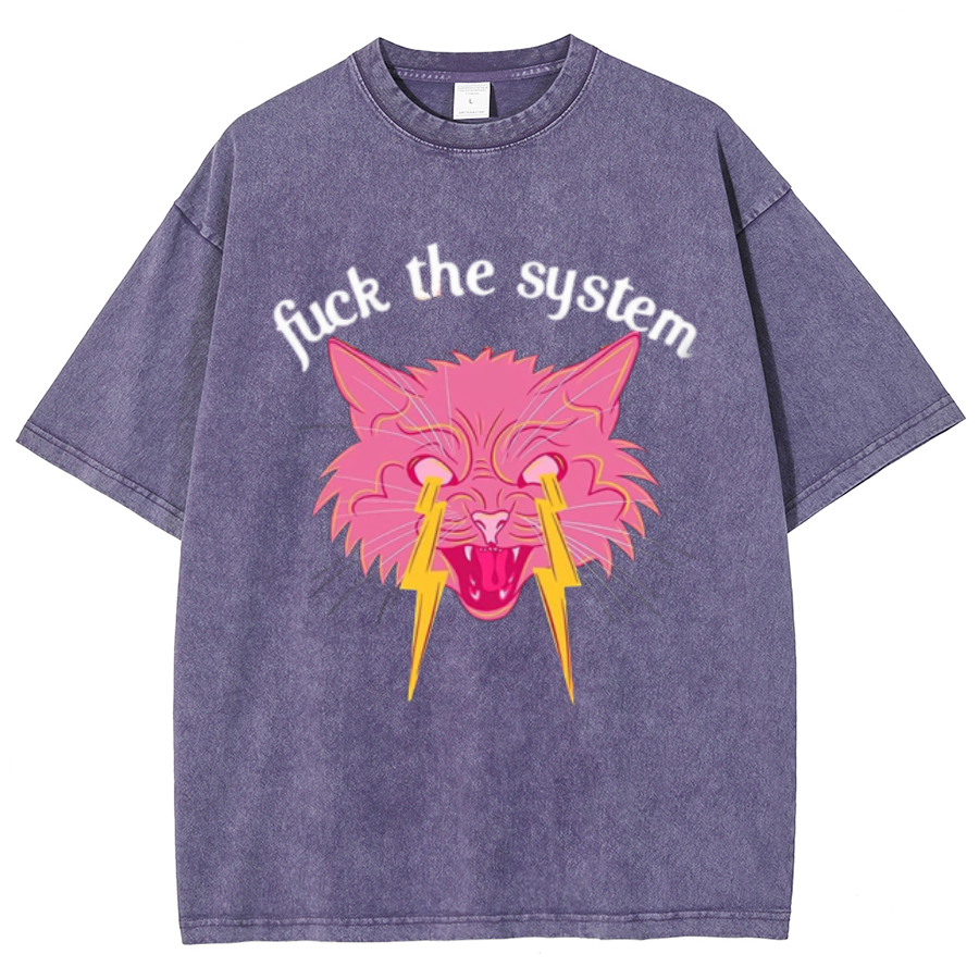 Fuck The System Unisex Oversized Print Vintage Wash Denim T-Shirt-Print-cool
