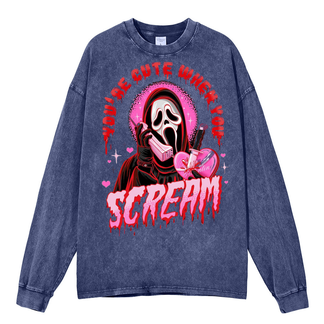 Cute Scream Unisex Washed Printed Round Neck Long Sleeve T-Shirt