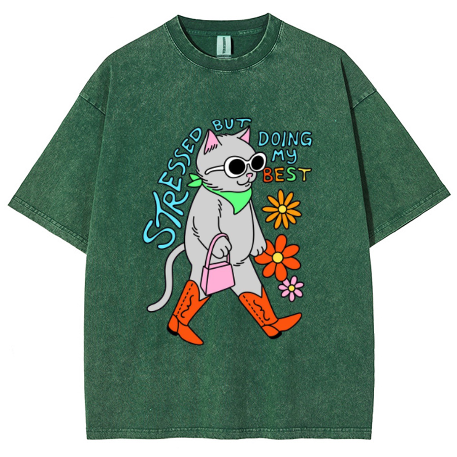 Stressed But Doing My Best Cat Unisex Printed Retro Washed Short Sleeved T-Shirt
