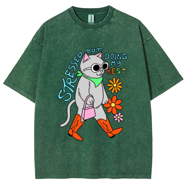 Stressed But Doing My Best Cat Unisex Printed Retro Washed Short Sleeved T-Shirt