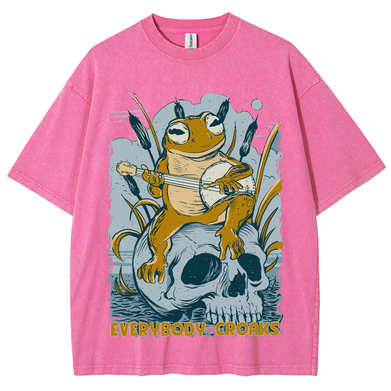 Rock Frog Skull Unisex Vintage Wash Denim T-Shirts-Print-cool