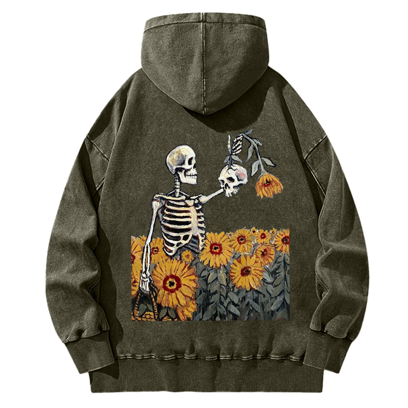 Unisex Casual Washed Sunflower Skull Illustration Printed Hoodie Sweatshirt