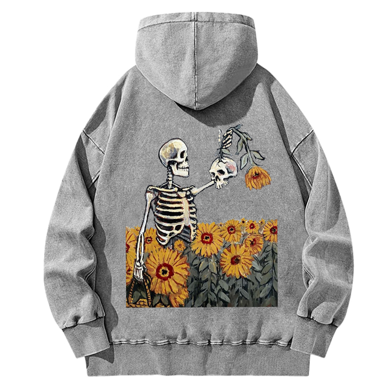 Unisex Casual Washed Sunflower Skull Illustration Printed Hoodie Sweatshirt