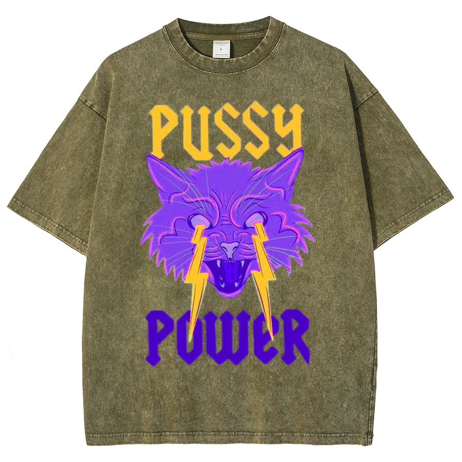 Pussy Power Unisex Oversized Print Vintage Wash Denim T-Shirt-Print-cool