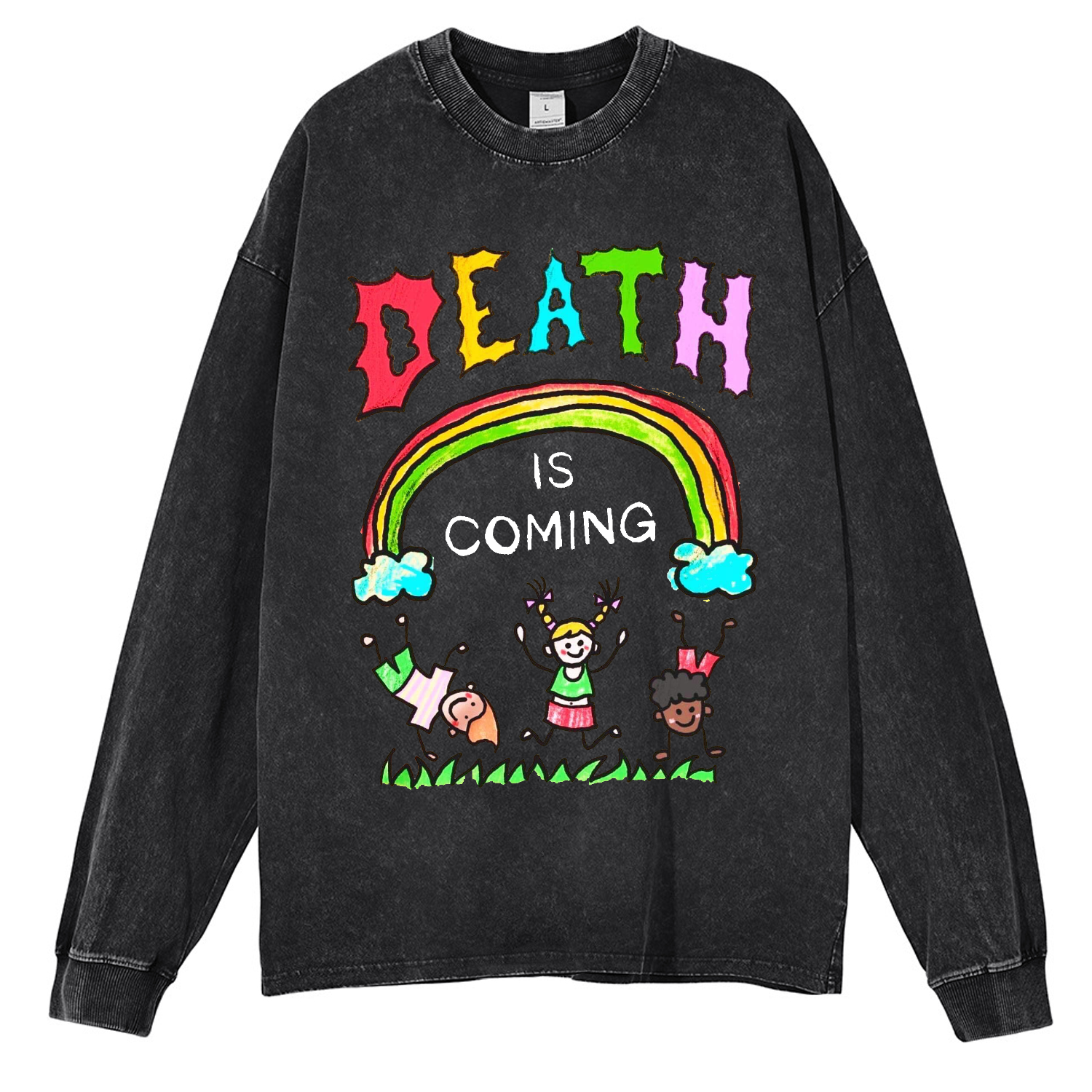 Death Is Coming Unisex Casual Washed Printed Round Neck Long Sleeve T-shirt