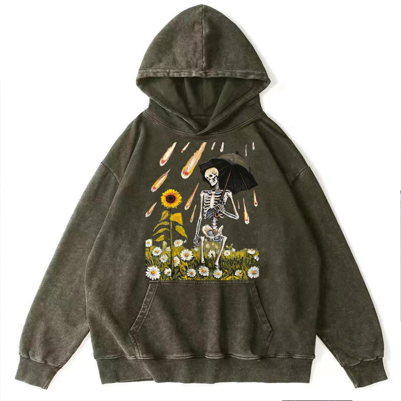 Skull Sunflower Raining Unisex Printed Casual Washed Hoodie Sweatshirt