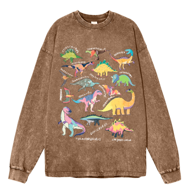 Types Of Dinosaur Unisex Casual Washed Printed Long Sleeve T-shirt