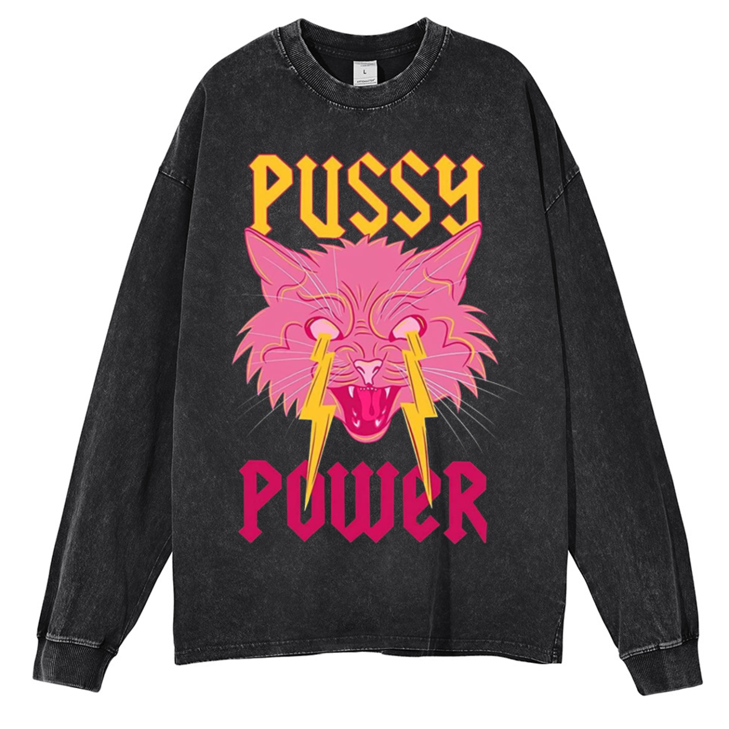 Pussy Power Unisex Washed Printed Round Neck Long Sleeve T-Shirt