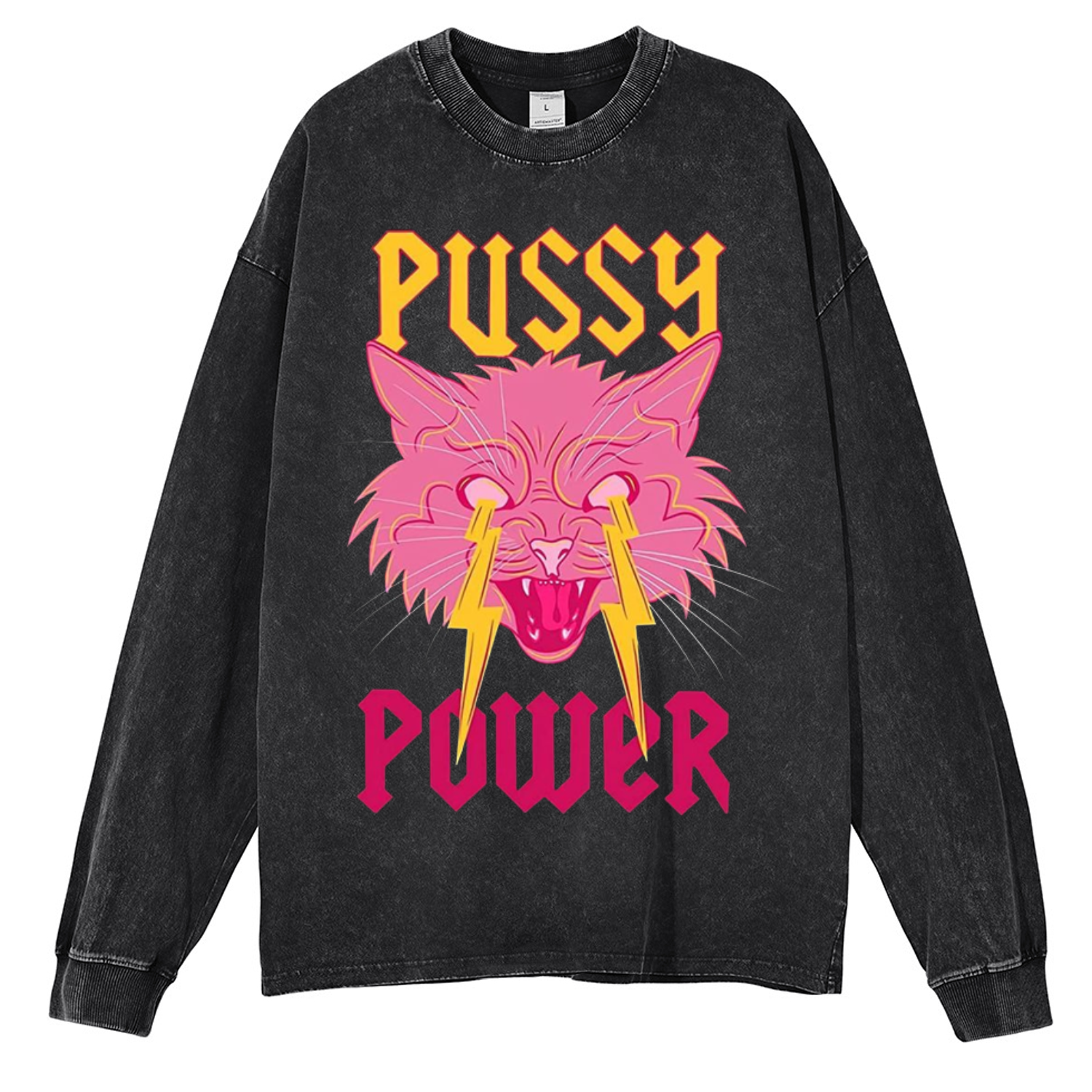 Pussy Power Unisex Washed Printed Round Neck Long Sleeve T-Shirt
