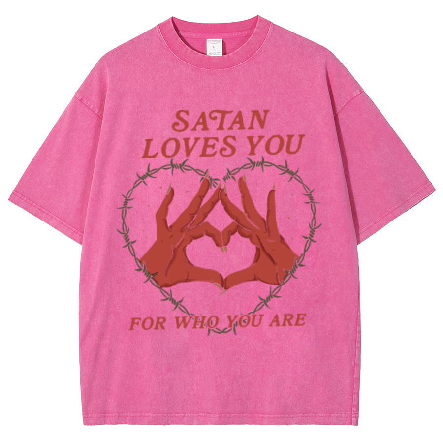 Satan Loves You Unisex Oversized Print Vintage Wash Denim T-Shirt