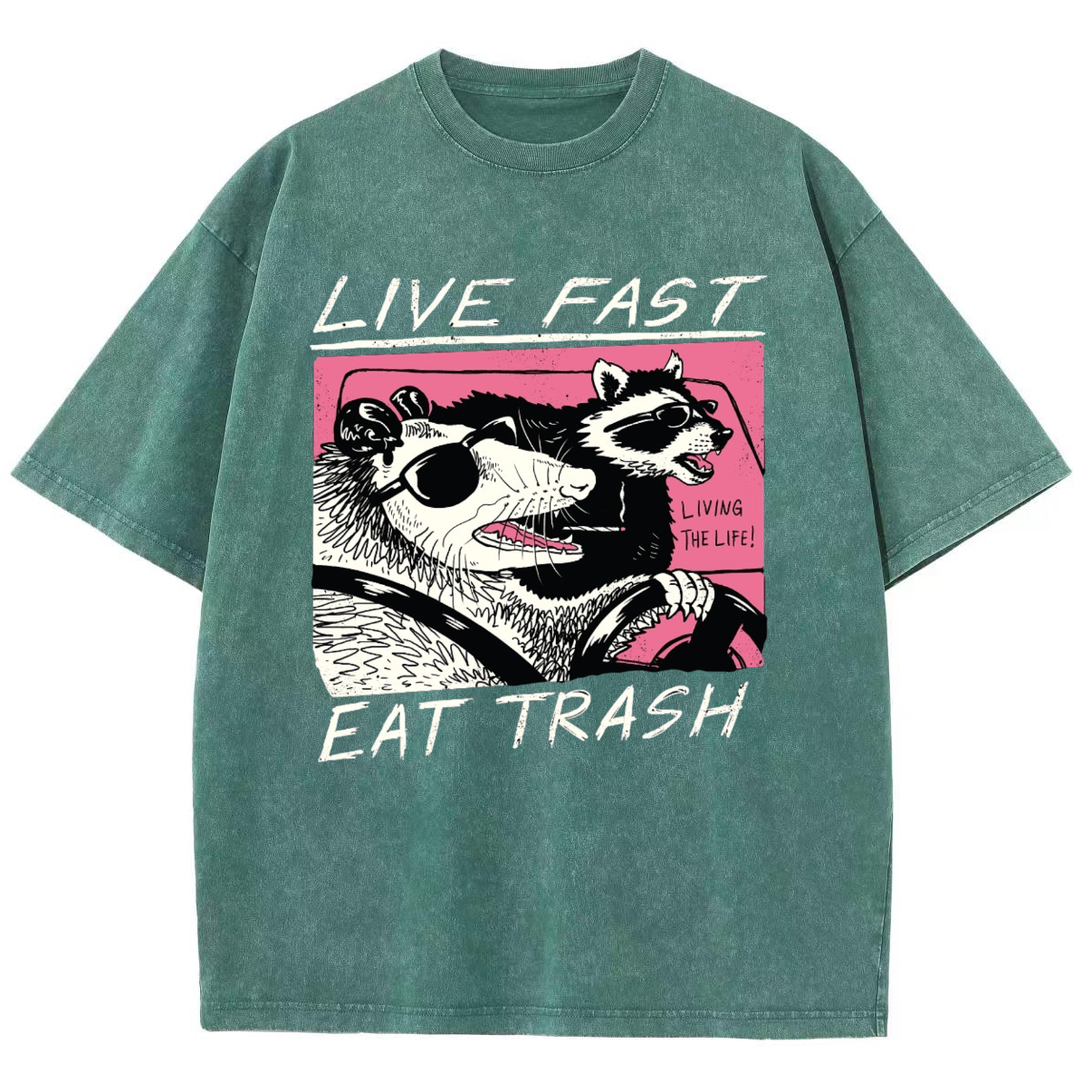 Live Fast Eat Trash Unisex Printed Retro Washed Short Sleeved T-Shirt-Print-cool