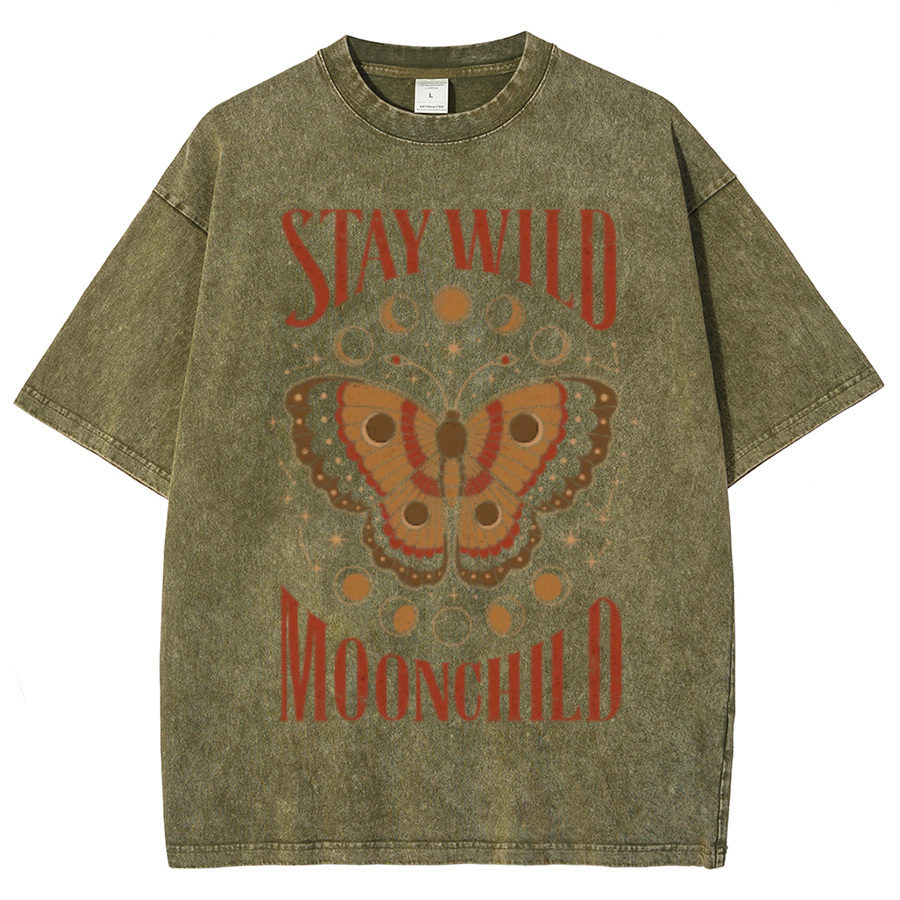 Stay Wild Unisex Oversized Print Vintage Wash Denim T-Shirt-Print-cool