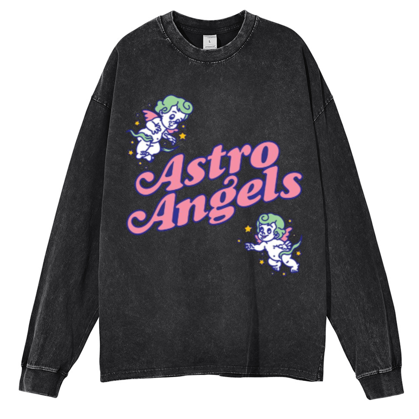Astro Angels Unisex Casual Washed Printed Round Neck Long Sleeve T-shirt