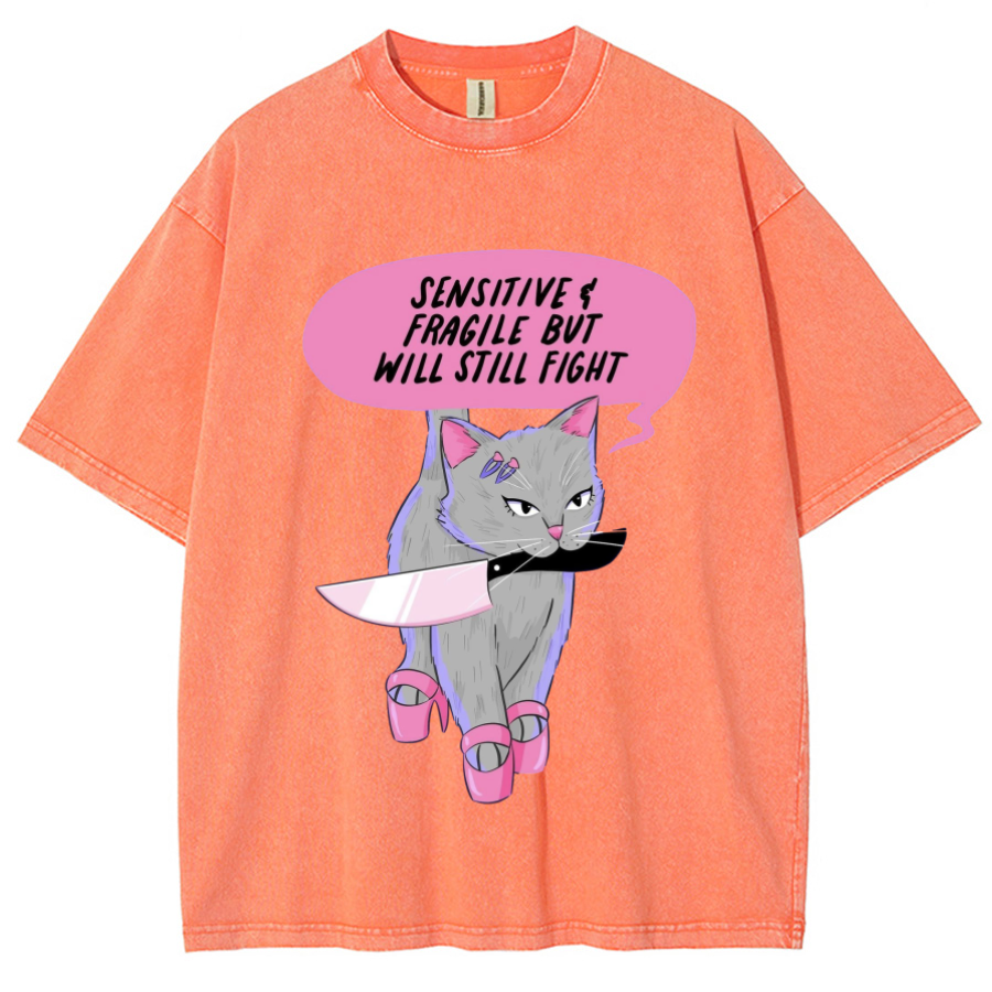 Sensitive Cat Unisex Printed Retro Washed Short Sleeved T-Shirt-Print-cool