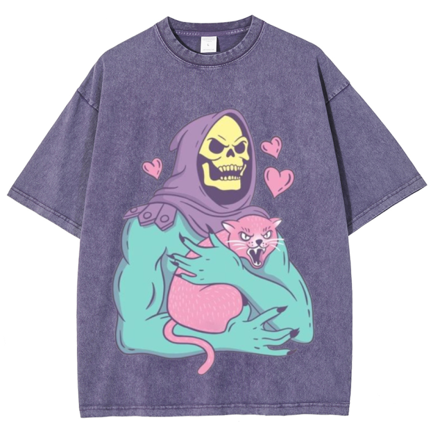 Funny Skull Cat Unisex Printed Retro Washed Short Sleeved T-Shirt