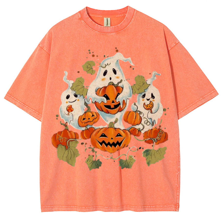 Spooky Pumpkin Unisex Printed Retro Washed Short Sleeved T-Shirt