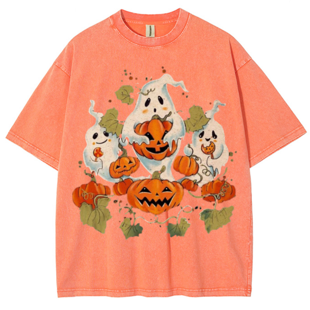 Spooky Pumpkin Unisex Printed Retro Washed Short Sleeved T-Shirt