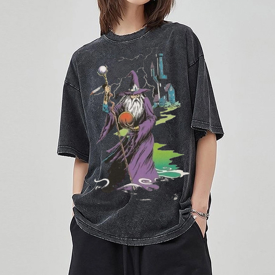 Wizard & Tower Unisex Printed Retro Washed Short Sleeved T-Shirt-Print-cool