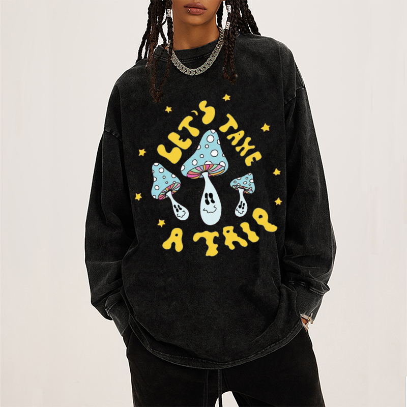 Lets Take A Trip Unisex Casual Washed Printed Round Neck Long Sleeve T-shirt