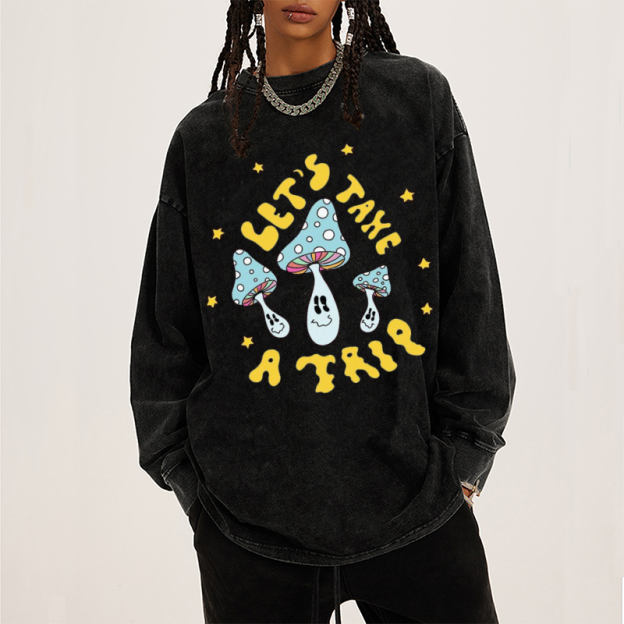 Lets Take A Trip Unisex Casual Washed Printed Round Neck Long Sleeve T-shirt