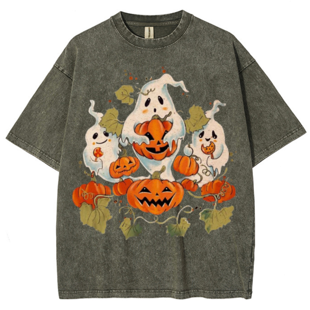 Spooky Pumpkin Unisex Printed Retro Washed Short Sleeved T-Shirt