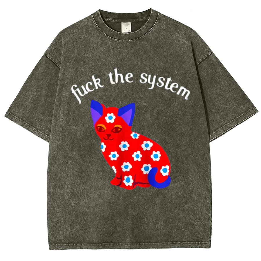 F The System Unisex Oversized Print Vintage Wash Denim T-Shirt-Print-cool