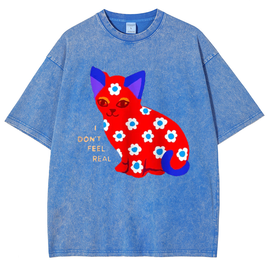 I Don't Feel Real Unisex Oversized Print Vintage Wash Denim T-Shirt